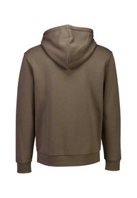 Felpa con cappuccio marrone dal texture liscia, con polsini e orlo a costine. Presenta una cucitura centrale sul retro e un cappuccio a profilo basso.