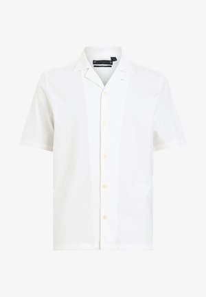 White short-sleeve shirt made of soft fabric, featuring a notched collar, six buttons down the front, and a relaxed fit.