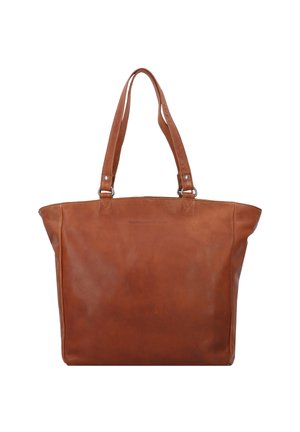 Braune Ledertasche mit zwei Schulterriemen, rechteckiger Form, glatter Textur und dezentem Branding auf der Vorderseite.