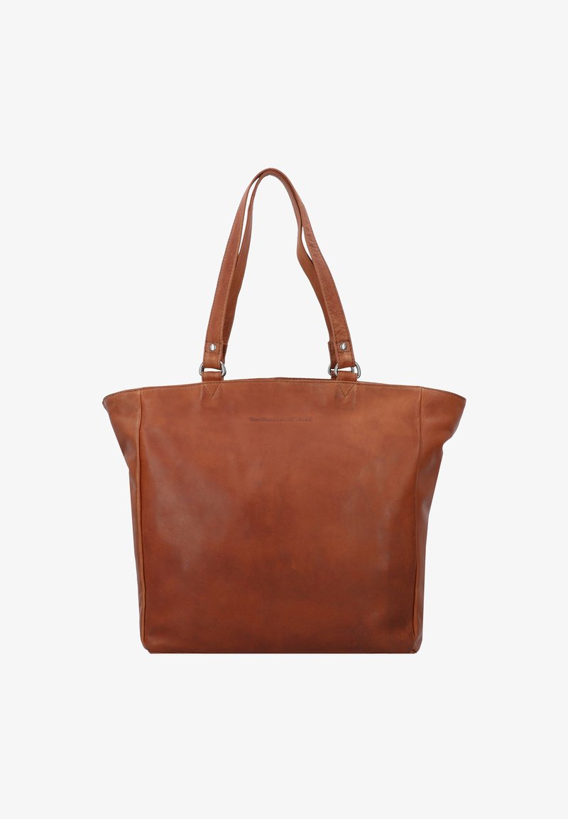 Bruine leren tote bag met twee schouderbanden, een rechthoekige vorm, een gladde textuur en subtiele branding aan de voorkant.