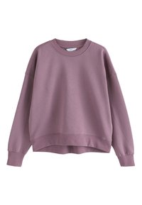 Svjetlo mauve pulover majica s okruglim izrezom, spuštenim ramenima, rebrastim manžetama i blago skraćenim rubom. Meka, glatka tekstura.