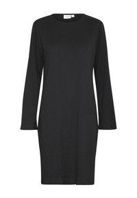 Svart långärmad klänning i strukturerad tyg, med rund halsringning och avslappnad passform, med en rak fåll i mittlånga längd.
