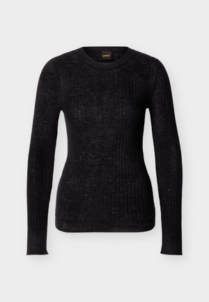 Μαύρο μακρυμάνικο ριμπ πλεκτό πουλόβερ με στρογγυλή λαιμόκοψη, στενή εφαρμογή και διακριτικό μοτίβο υφής.