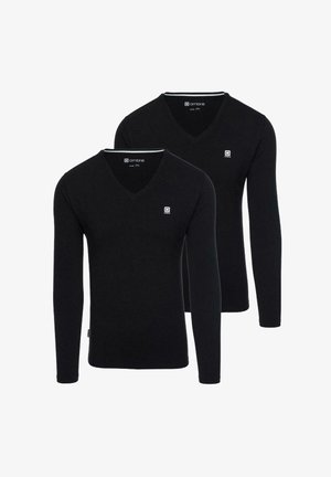 Czarne długie rękawy T-shirty z dekoltem w kształcie V, wykonane z miękkiego materiału, z małym logo na piersi i metką z boku, w rozmiarze M.