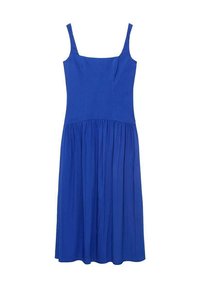 Blue sleeveless midi dress with a fitted bodice and gathered skirt. Made of a lightweight, smooth fabric. Square neckline.