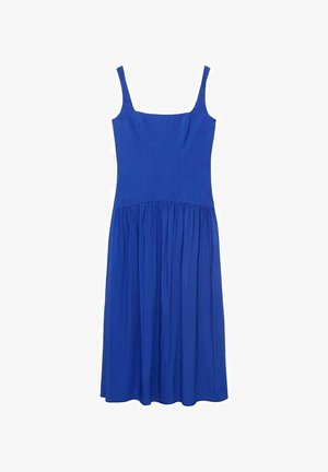 Abito midi blu senza maniche con busto aderente e gonna arricciata. Realizzato in un tessuto leggero e morbido. Scollo quadrato.