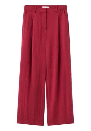 Vysoký pás, široké nohavice z textúrovanej tmavočervenej látky so skrytým predným zapínaním a bočnými vreckami.