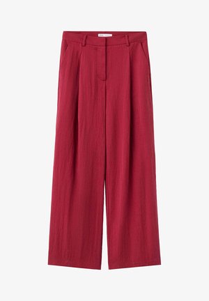 Pantaloni a vita alta e gamba larga in tessuto strutturato di colore rosso intenso con chiusura frontale nascosta e tasche laterali.