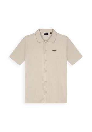 Beige short-sleeve ribbed button-up shirt with collar and small black "BALLIN'" logo on left chest.