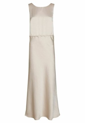 Mouwloze, jurk tot op de grond in crèmekleurige stof. Soepele textuur, ronde hals, getailleerde taille en A-lijn silhouet. Geen zichtbare patronen of accenten.