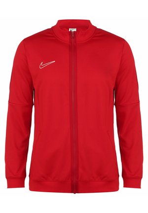 Rode Nike-vest met rits en een opstaande kraag, lange mouwen, zijzakken en een witte logo geborduurd op de linkerborst.