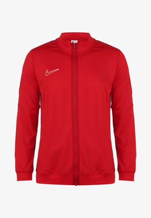 Red Nike zip-up jacket with a stand-up collar, full-length sleeves, side pockets, and white logo embroidered on the left chest.