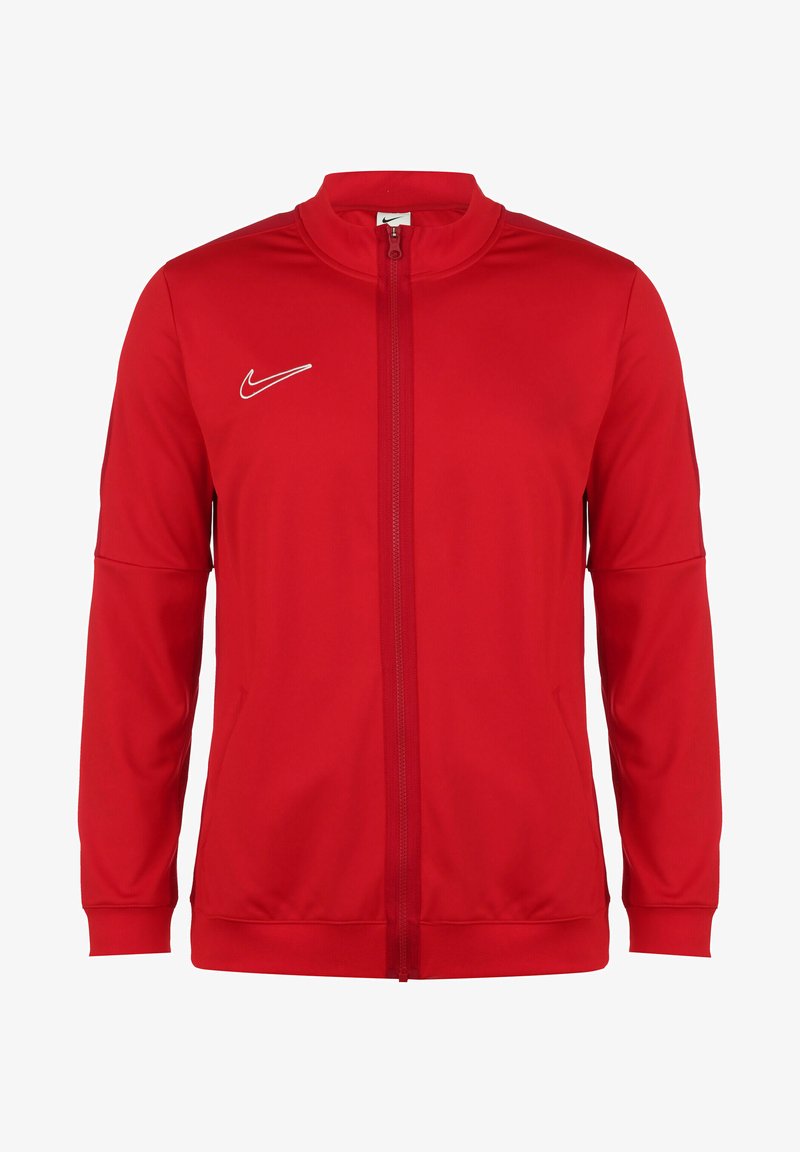 Red Nike zip-up jacket with a stand-up collar, full-length sleeves, side pockets, and white logo embroidered on the left chest.