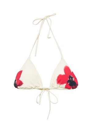 Top de bikini triunghiular crem cu imprimeuri florale roșii și negre, prevăzut cu șnururi subțiri la gât și la spate pentru ajustare.