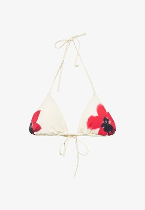 Cream triangle bikini top with red and black floral prints, featuring thin ties at neck and back for adjustable fit.