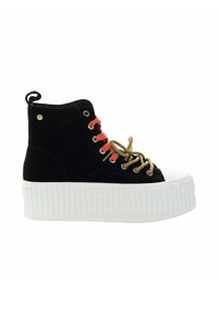 Czarne welurowe sneakersy typu wysokie z białą, żebrowaną podeszwą, różowymi i beżowymi sznurówkami oraz metalowym oczkiem. Posiadają uchwyt.