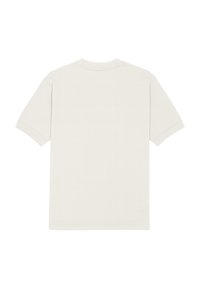 Krótki rękaw, jasnobeżowa bawełniana koszulka z okrągłym dekoltem, z gładkim tyłem bez widocznych logo lub wzorów.