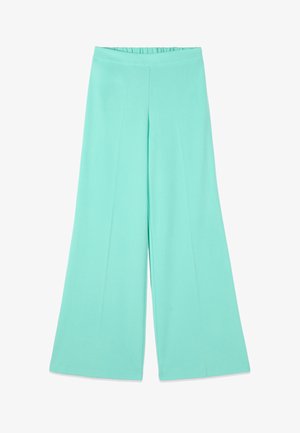 Pantalones de pierna ancha en turquesa claro sólido con cintura alta y pliegues sutiles en la parte delantera.