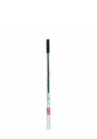 Tennisracket met een teal en roze bloemenontwerp, verlengde steel en een zwarte grip. Heeft een open hals en een bespannen blad.