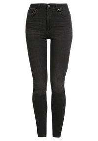 Svarta högmidjade skinny jeans i denim, med en slät yta, femficksdesign och knäppning med knapp.
