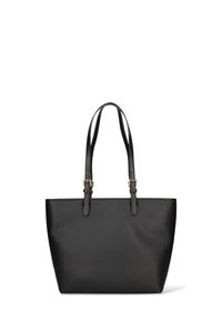 Zwarte leren totebag met een gestructureerde afwerking, twee verstelbare schouderbanden en accenten van goudkleurig metaal. Rechthoekige vorm met open bovenkant.