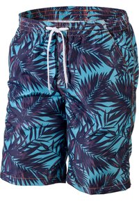 Shorts in light blue with dark blue palm leaf pattern, featuring a white drawstring, elastic waistband, and orange stitching details.