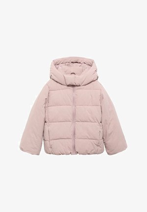 Svetloružová prešívaná bunda s vysokým golierom, predným zipsom a mierne oversized strihom. Prešívaná textúra bez viditeľných log.