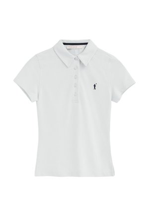 Weißes Polohemd mit kurzen Ärmeln, fünf Knöpfen und einem kleinen dunkelblauen Polospieler-Logo auf der linken Brustseite.