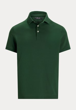 Tume roheline lühikeste varrukatega polo särk, millel on kaks nuppu ja krae, esitatud lihtsa heleda tausta taustal.