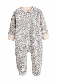 Vauvan body, jossa on kukkakuosi, puuvillasekoitusta, vetoketjukiinnitys, pitkät hihat ja pehmeät vaaleanpunaiset kaulus ja hihansuut.