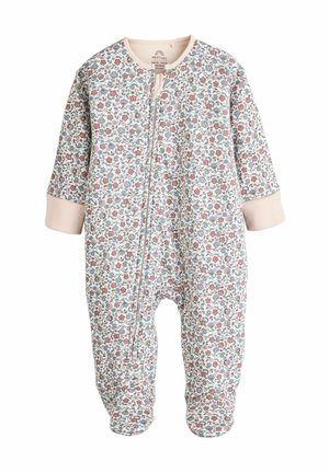 Floral- mønstret baby heldragt i bomuldsblanding, med lynlås lukning, lange ærmer og en blød lyserød halsudskæring og manchetter.