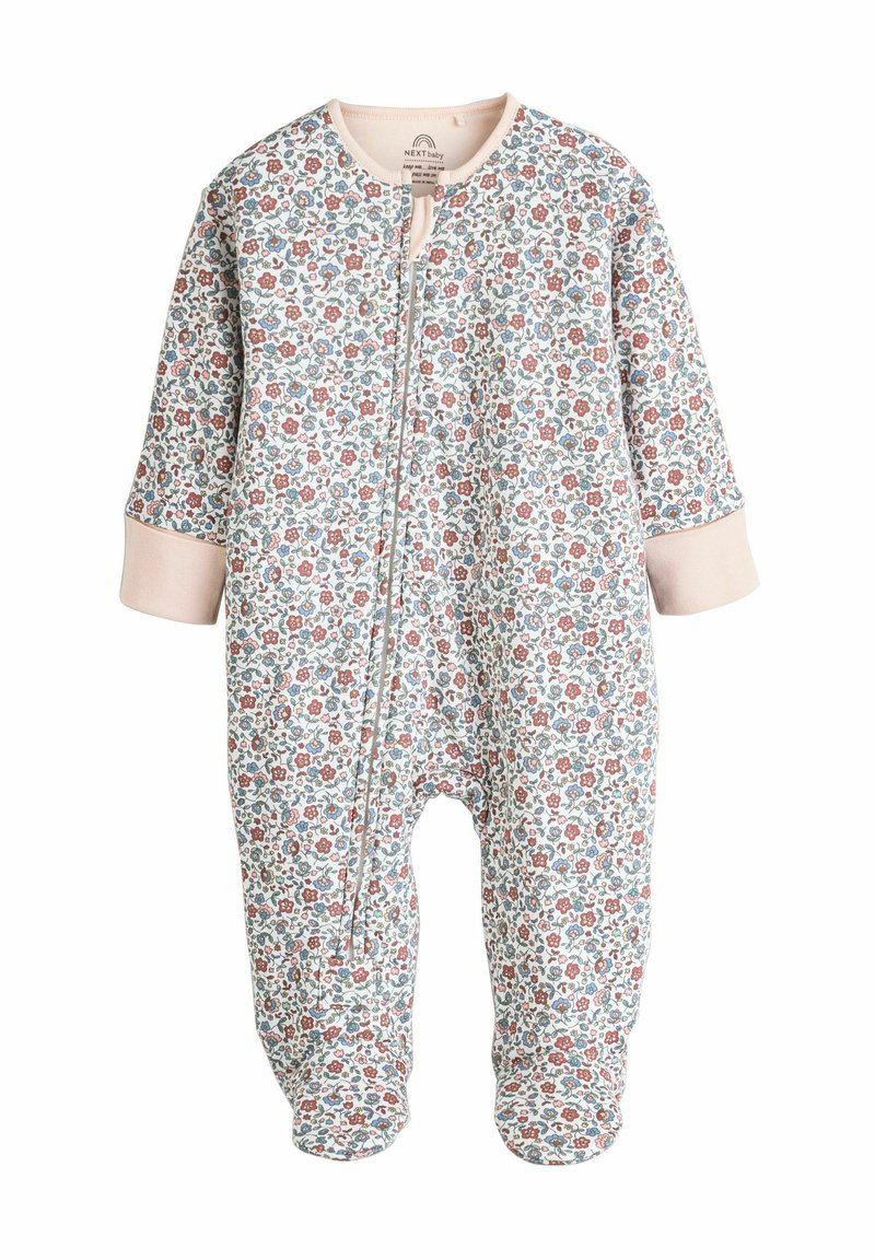 Vauvan body, jossa on kukkakuosi, puuvillasekoitusta, vetoketjukiinnitys, pitkät hihat ja pehmeät vaaleanpunaiset kaulus ja hihansuut.