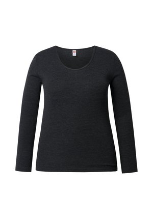 Musta pitkähihainen paita, jossa on avara pääntie, valmistettu pehmeästä kankaasta; siinä on sileä pinta ilman näkyviä kuvioita tai korosteita.