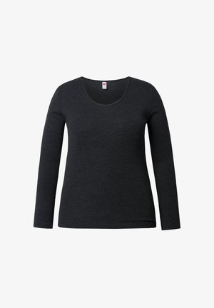 Maglietta nera a maniche lunghe con scollo rotondo, realizzata in tessuto morbido, caratterizzata da una texture liscia e priva di motivi o dettagli visibili.