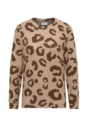 Sweatshirt con stampa leopardata in beige con macchie marroni scure. Maniche lunghe, scollo rotondo, tessuto morbido e vestibilità casual. Etichetta del marchio: CECIL.