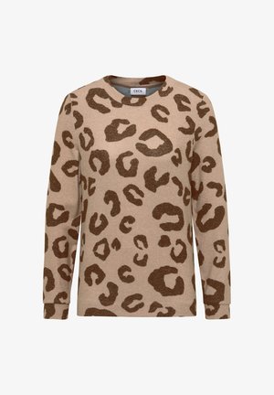 Sudadera con estampado de leopardo en beige con manchas marrón oscuro. Manga larga, cuello redondo, textura suave y ajuste casual. Etiqueta de la marca: CECIL.