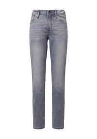 Jeans en denim bleu clair avec une coupe droite, design à cinq poches, fermeture par bouton et zip, et légers détails de décoloration à l'avant.