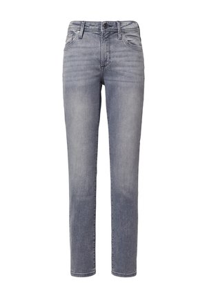 Jeans en denim bleu clair avec une coupe droite, design à cinq poches, fermeture par bouton et zip, et légers détails de décoloration à l'avant.