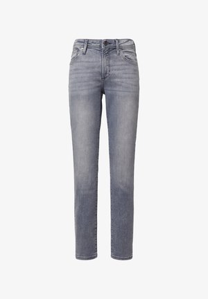 Lichtblauwe denim jeans met een rechte pasvorm, vijf-pocketontwerp, knoop- en ritsluiting, en subtiele wassingdetails aan de voorkant.