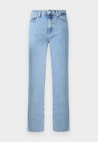 Heledad sinine teksapüksid sirge säärega, nööp-lukustusega, vöölõhede ja esi- ning tagataskutega. Kergelt tuhmistunud viimistlus.