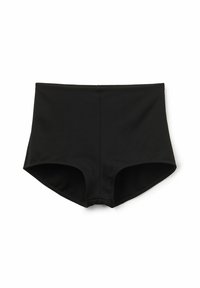Zwarte zwembroek met een hoog taille-ontwerp. Gemaakt van zacht, rekbaar materiaal, met een naadloze voorkant en gebogen beenopeningen.
