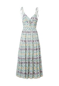 Maxi-jurk met verstelbare bandjes, met een lichtblauw, geel en roze geometrisch patroon, aansluitende bodice en gelaagd franjezoom.