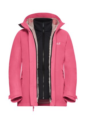 Rosa Softshelljacke mit Reißverschluss, isolierter schwarzer Innenseite, verstellbare Kapuze und seitlichen Taschen. Glatte Außentextur.