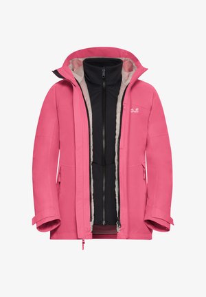 Giacca softshell rosa con chiusura a zip, fodera interna nera isolante, cappuccio regolabile e tasche laterali. Texture esterna liscia.