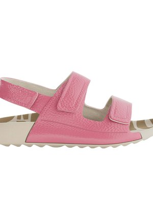 Sandali rosa con tomaia testurizzata, cinturini regolabili in Velcro e suola leggera beige con un motivo a righe per una migliore presa.