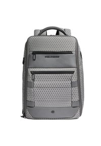 Zaino grigio con motivo geometrico, dotato di molteplici tasche con cerniera, doppie spalline imbottite e manico superiore per il trasporto.