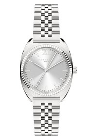 Silberne Uhr mit glänzendem, rundem Zifferblatt, einer strukturierten Lünette und einem Metallgliederarmband. Minimalistisches Design mit klaren Stundenmarkierungen.