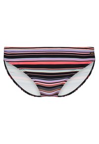Dryžuota maudymosi kelnaitė multicolor (rožinė, violetinė, juoda) su glotnia tekstūra. Pasižymi žemu juosmeniu ir minimalizmo dizainu.