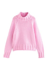 Pulover tricotat chunky roz cu guler înalt, cu mâneci lungi și manșete și tiv ribbed, așezat plat pe un fundal alb.