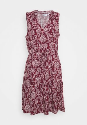 Ärmelloses knielanges Kleid mit bordeauxfarbenem Hintergrund und weißem Blumenmuster, V-Ausschnitt und Kordelzug in der Taille.